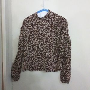 Floral Ruched Puff Sleeve Mock Neck Blouse